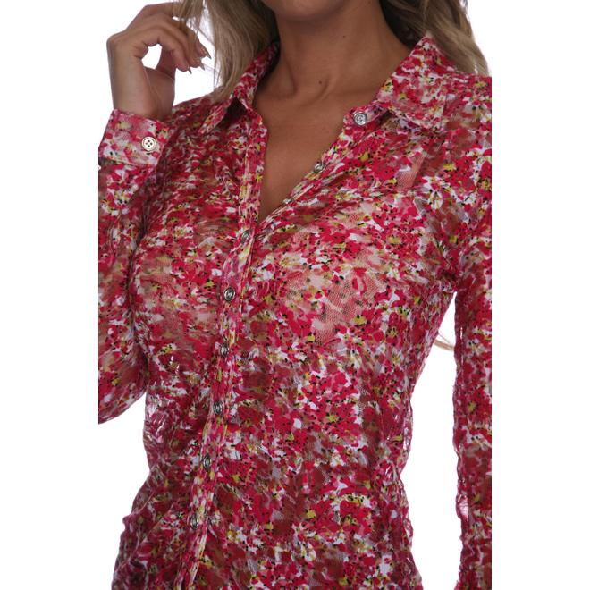 White Mark Women's Red Floral Lacy ButtonDown Shirt