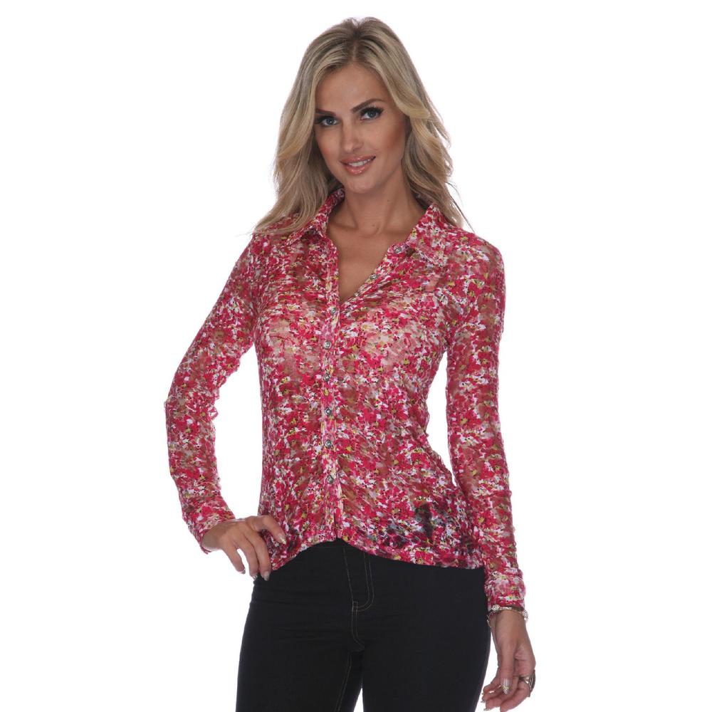 White Mark  Women's Red Floral Lacy Button-Down Shirt