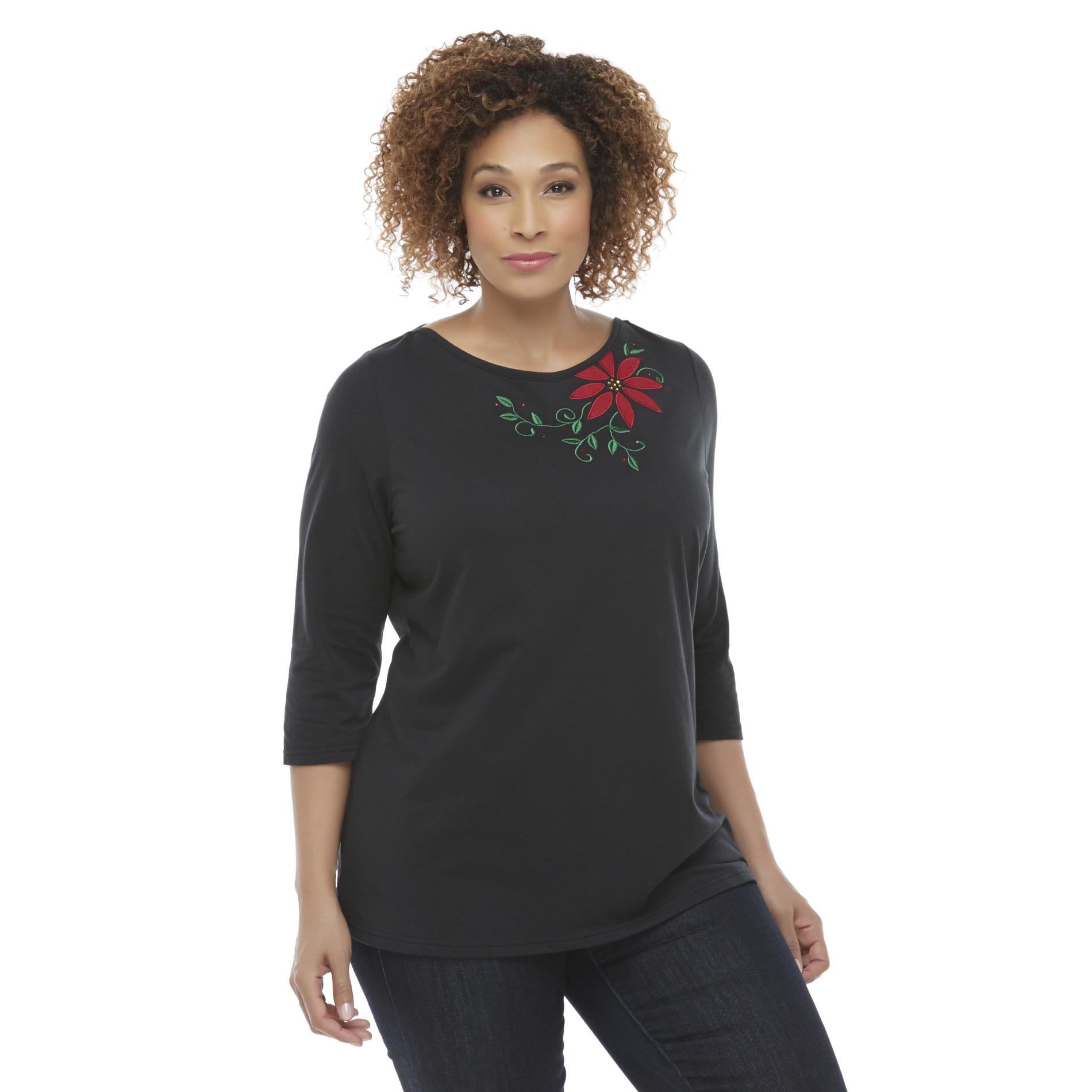 Holiday Editions Women's Plus Embroidered Christmas Top - Floral