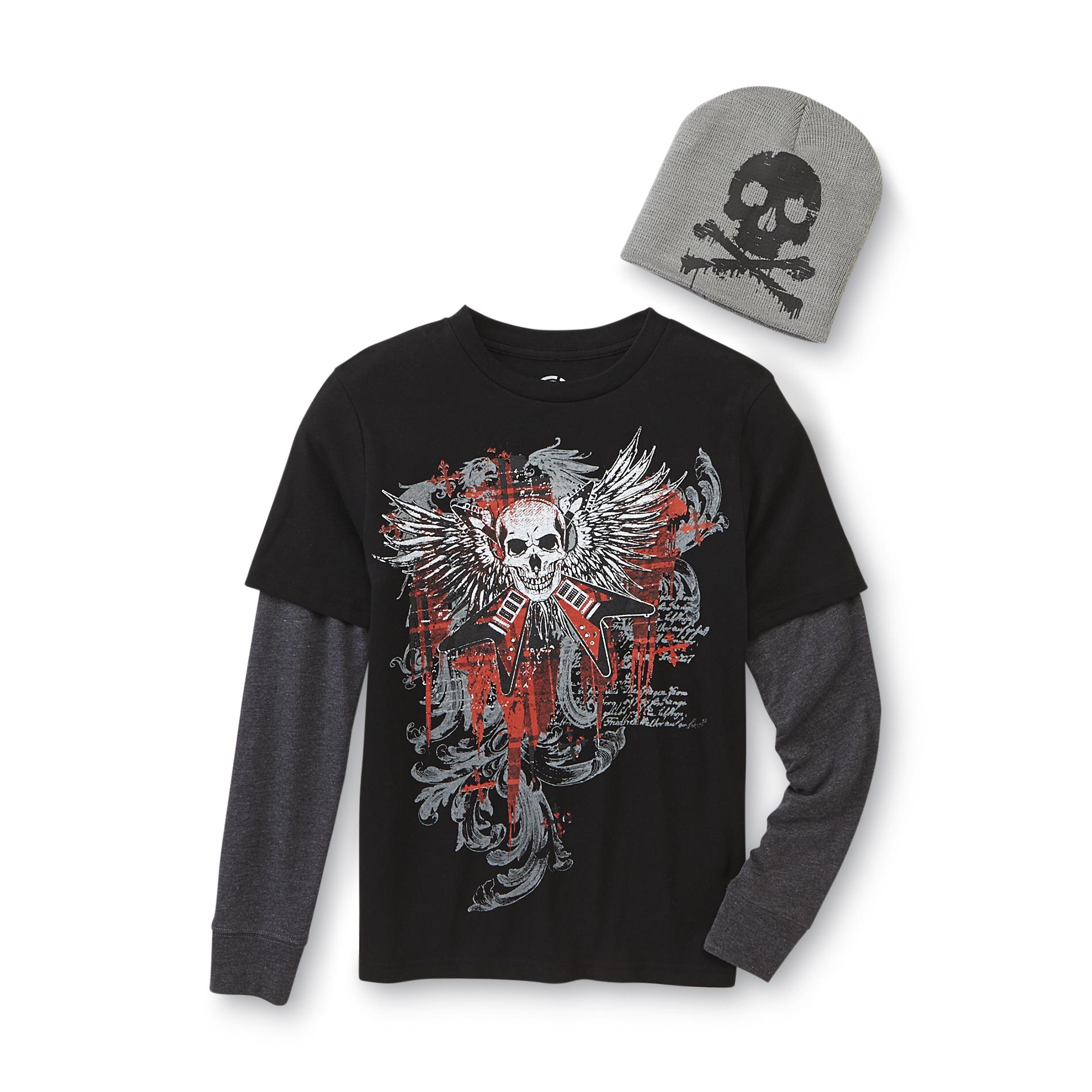 Hybrid Boy's Graphic T-Shirt & Beanie - Skulls & Guitars