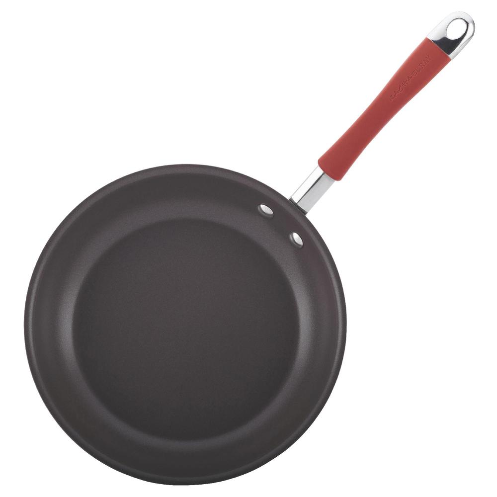 Rachael Ray Cucina Hard Anodized Nonstick 14 Inch Skillet with Helper Handle, Gray with Cranberry Red Handles