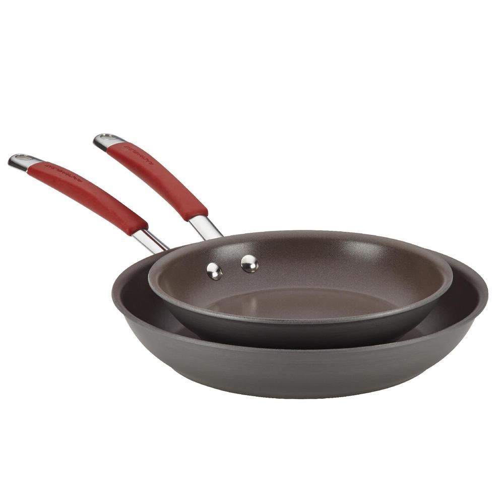 Rachael Ray Cucina Hard Anodized Nonstick Twin Pack Skillet Set, Gray with Cranberry Red Handles