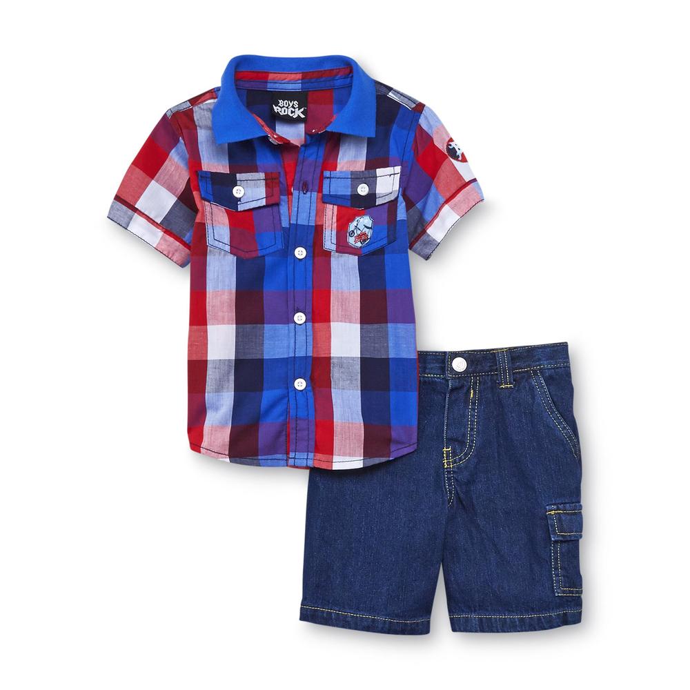 Boys Rock Toddler Boy's Button-Front Shirt & Jean Shorts - Plaid