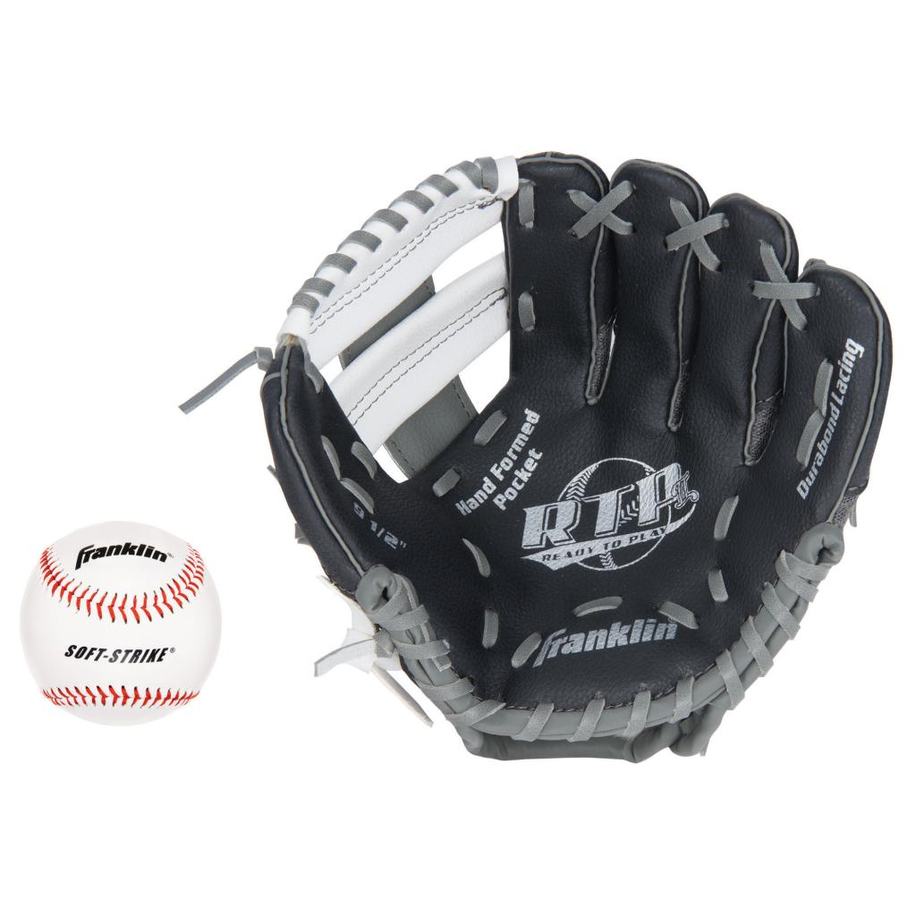 Franklin Sports 9.5" Teeball Recreational Glove Black/Graphite/White Right Handed Thrower with Ball