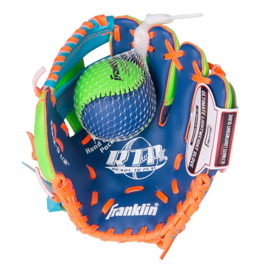 Franklin Sports 9.5" Teeball Recreational Glove Blue/Lime/Orange Right Handed Thrower with Ball