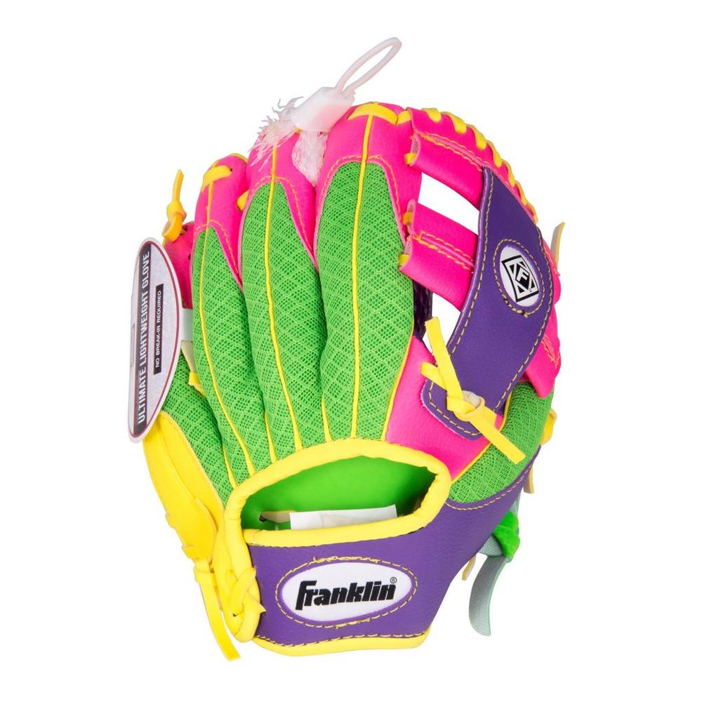 Franklin Sports 9.5" Teeball Recreational Glove Purple/Lime/Yellow Left Handed Thrower with Ball