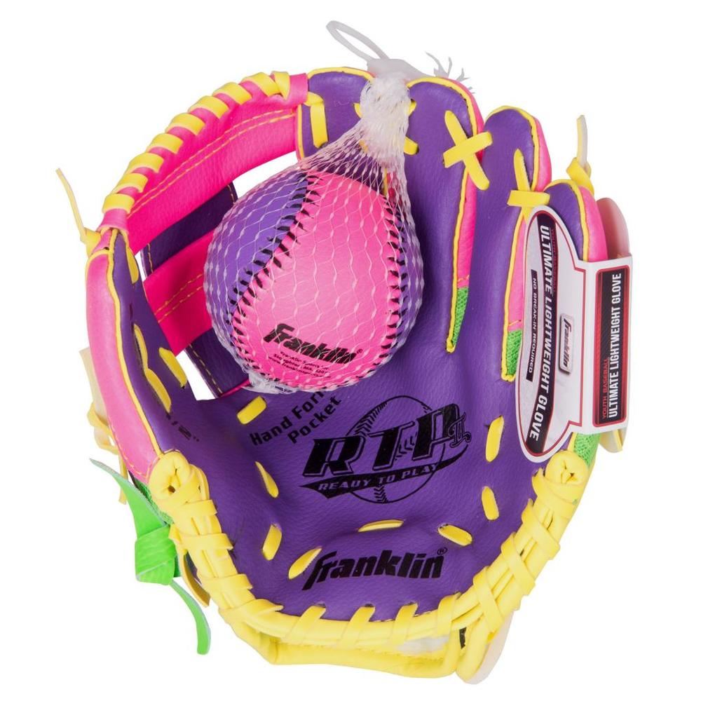 Franklin Sports 9.5" Teeball Recreational Glove Purple/Lime/Yellow Right Handed Thrower with Ball
