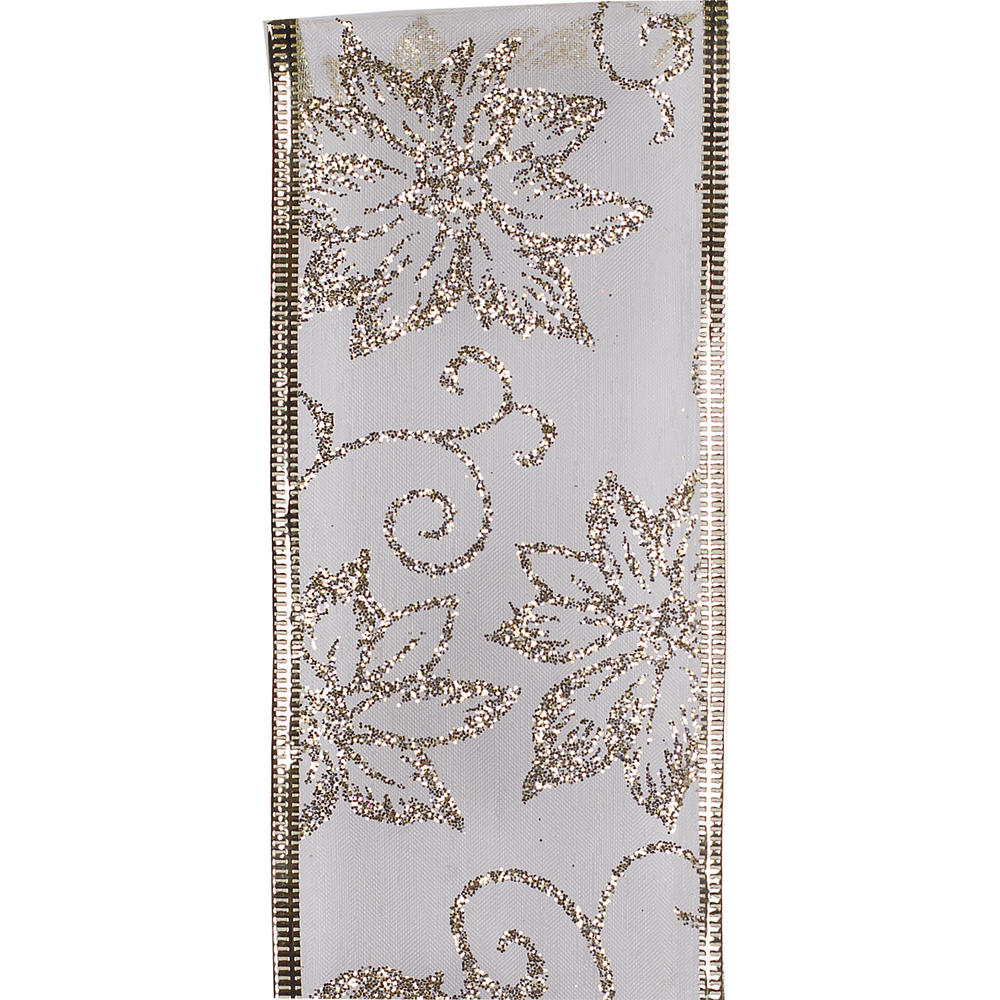 DONNER & BLITZEN Ivory Sheer with Gold and Silver Glitter Poinsettia Ribbon, 75'