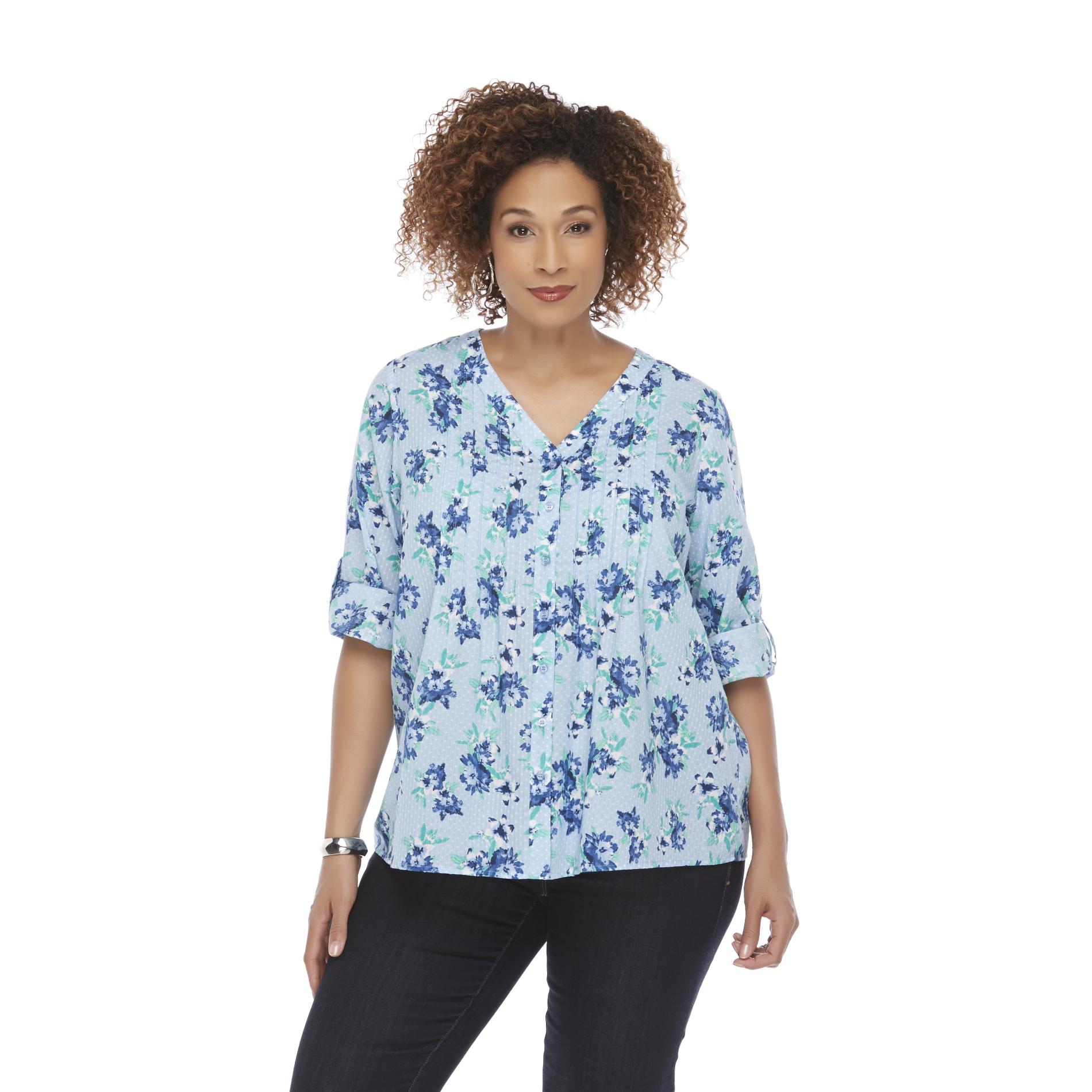 Basic Editions Women's Plus Pleated Top - Floral & Polka Dot