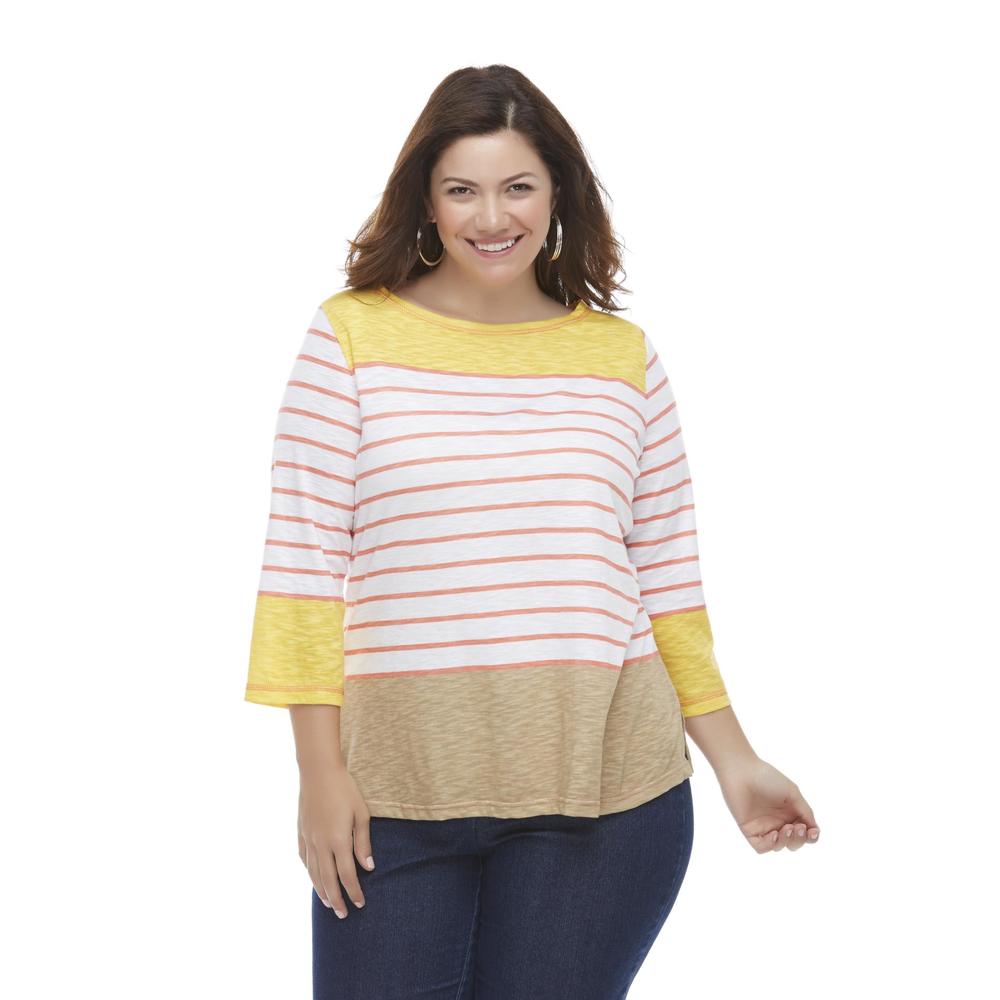 Basic Editions Women's Plus Boat Neck Top - Striped