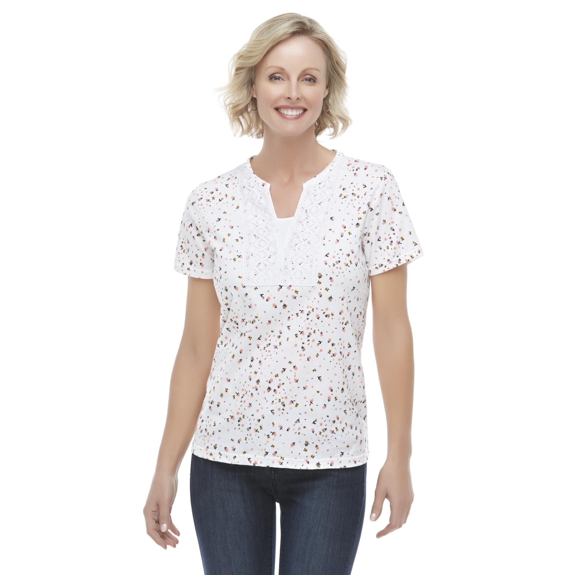 Basic Editions Women's Layered-Look Crochet T-Shirt - Floral