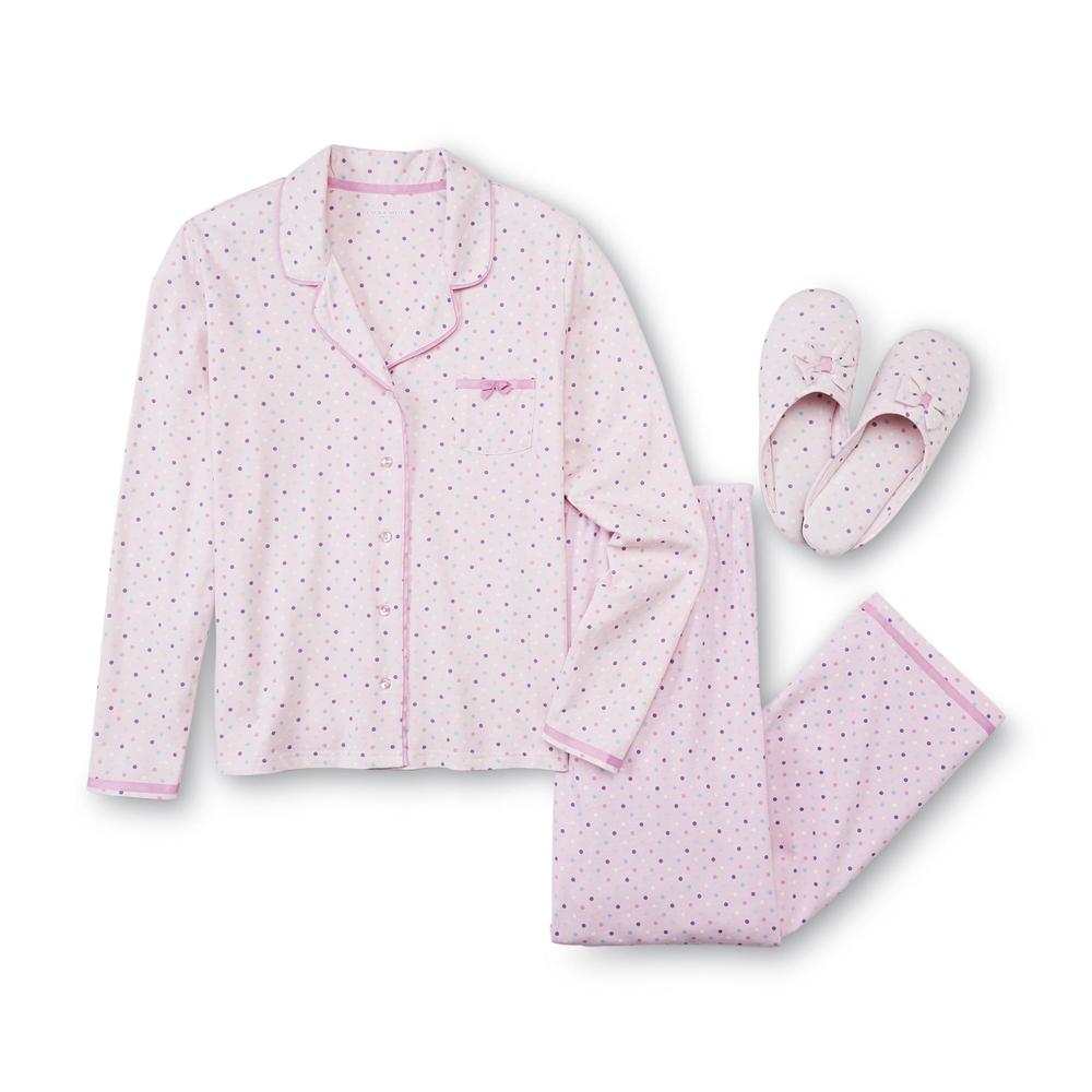 Laura Scott Women's Long-Sleeve Pajamas & Slippers - Polka Dot
