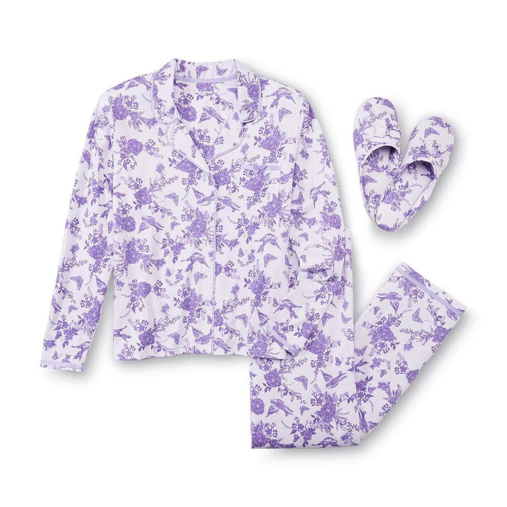 Laura Scott Women's Plus Long-Sleeve Pajamas & Slippers - Floral & Butterflies