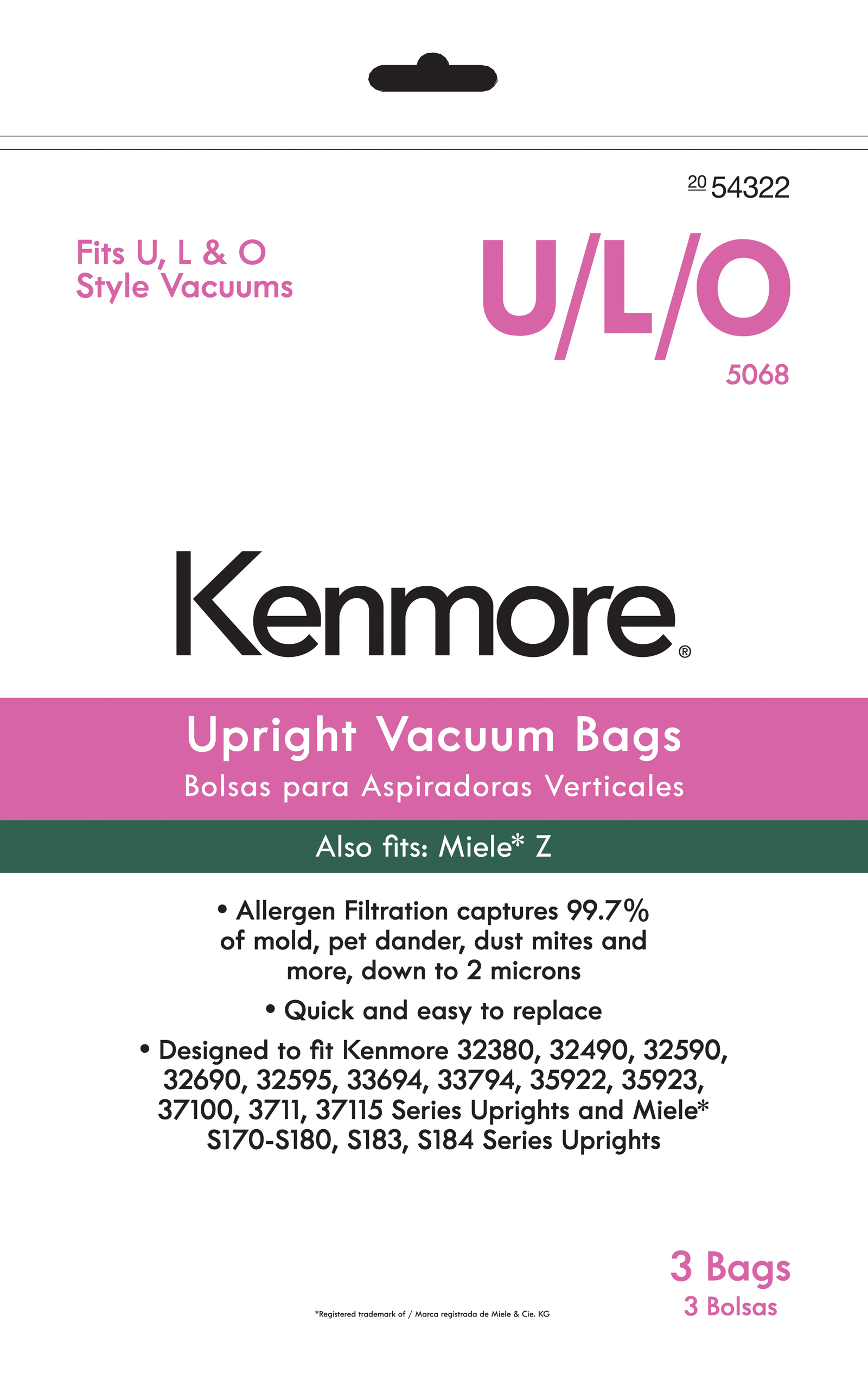 Kenmore 54322 3Pack Type U/L/O Upright Vacuum Bags