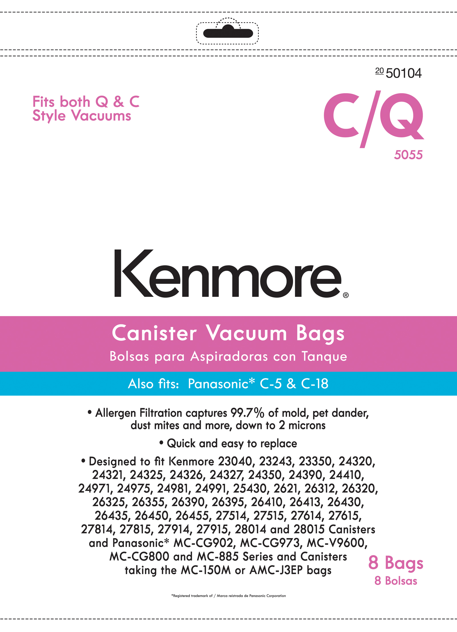 Kenmore KM48751-12  Canister Vacuum Bag for C, Q; Panasonic&#8482; C-5  & C-18 - 8 pk