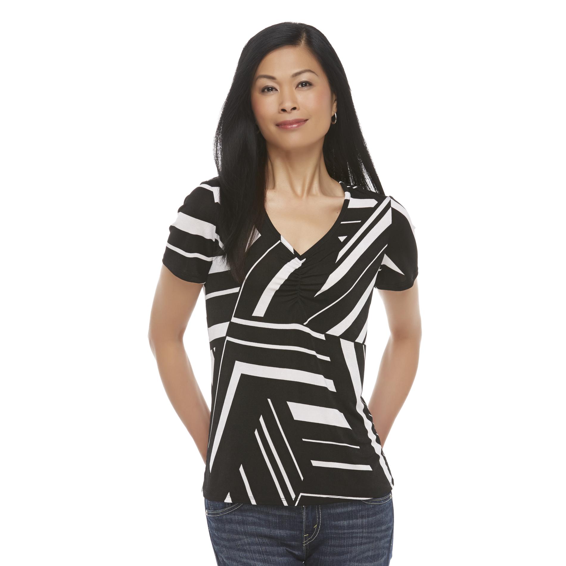 Jaclyn Smith Women's Shirred V-Neck Top - Abstract Stripe