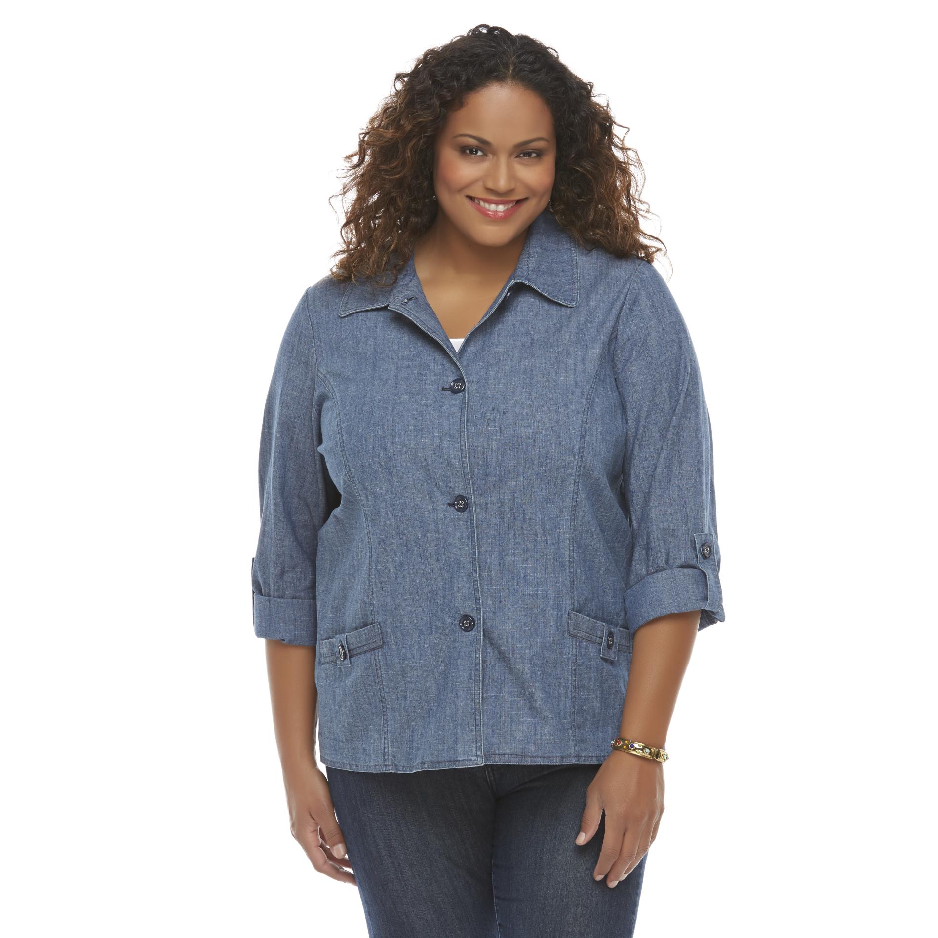 Basic Editions Women's Plus Twill Button-Front Jacket