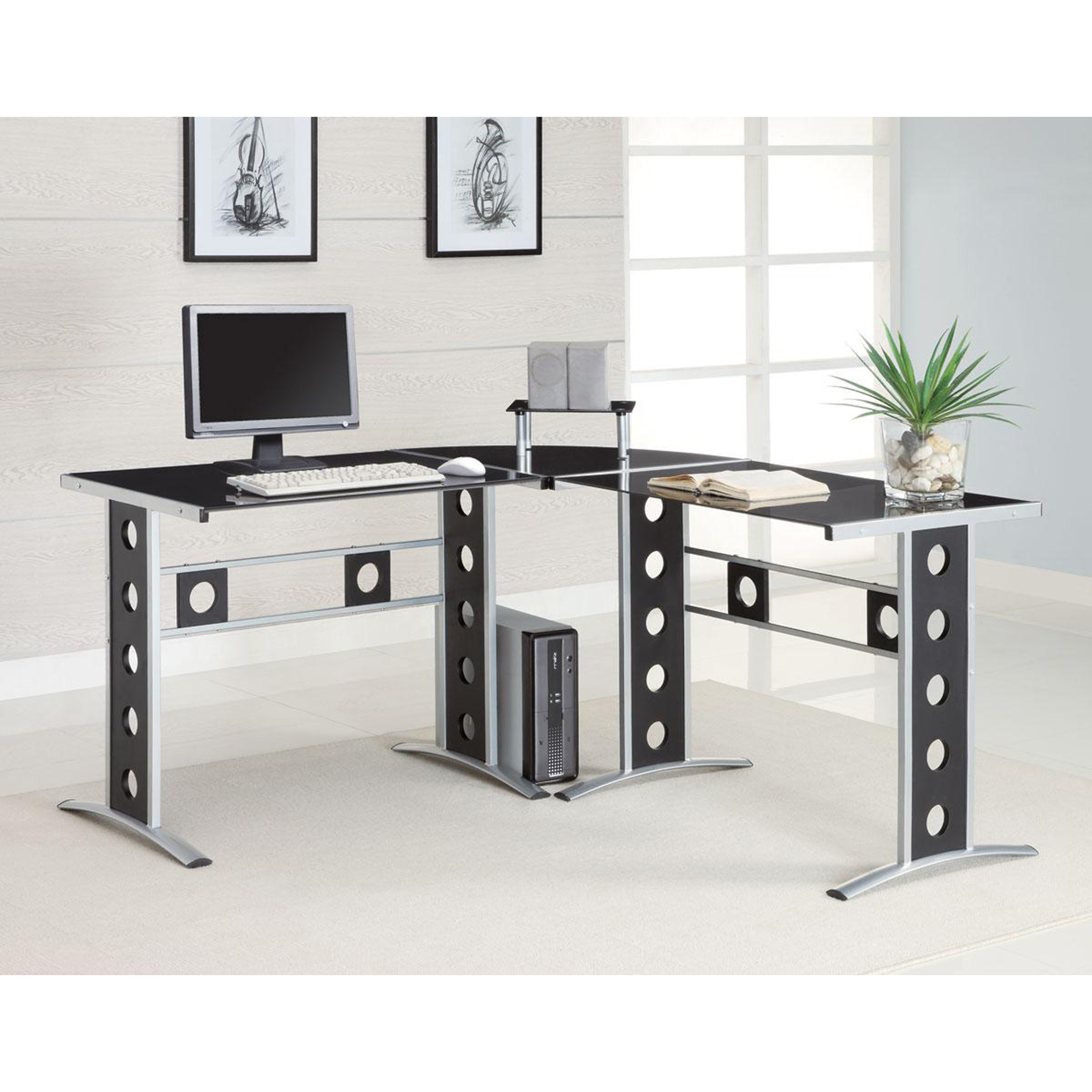 Venetian Worldwide Ledge Glass Top Corner Computer Desk in Black & Silver, Multi Venetian Worldwide Ledge Glass Top Corner Computer Desk in Black & Silver, Multi