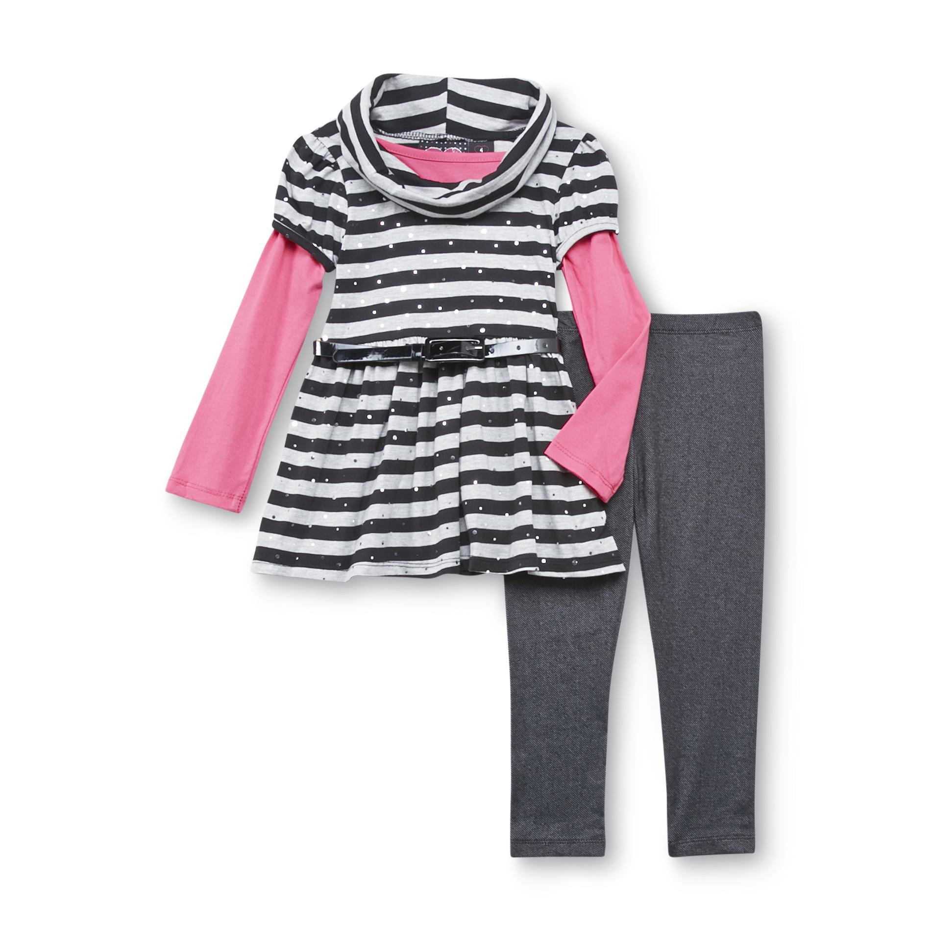 Forever Me Girl's Layered Look Tunic Top, Leggings & Belt - Striped