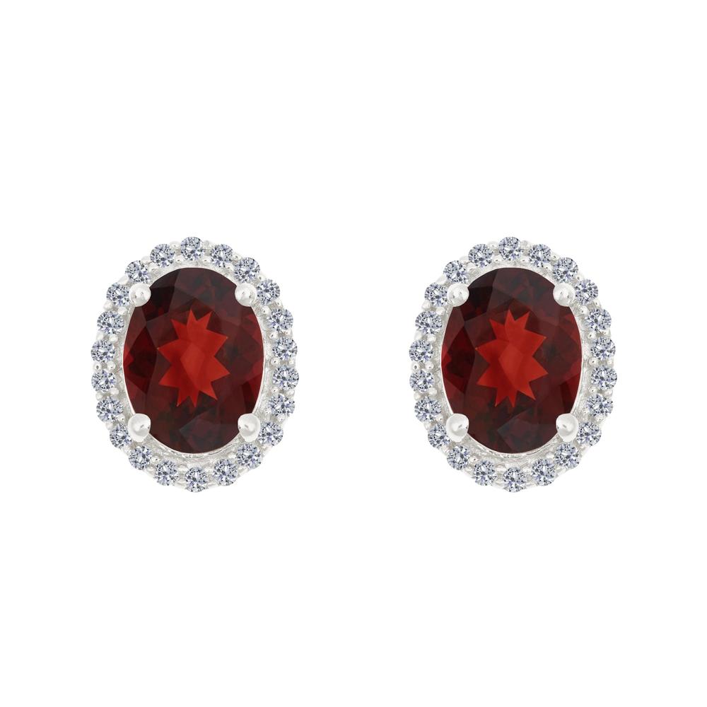 New York City Diamond District 14k gold 8x6 oval garnet with 1/5 cttw diamond halo earrings
