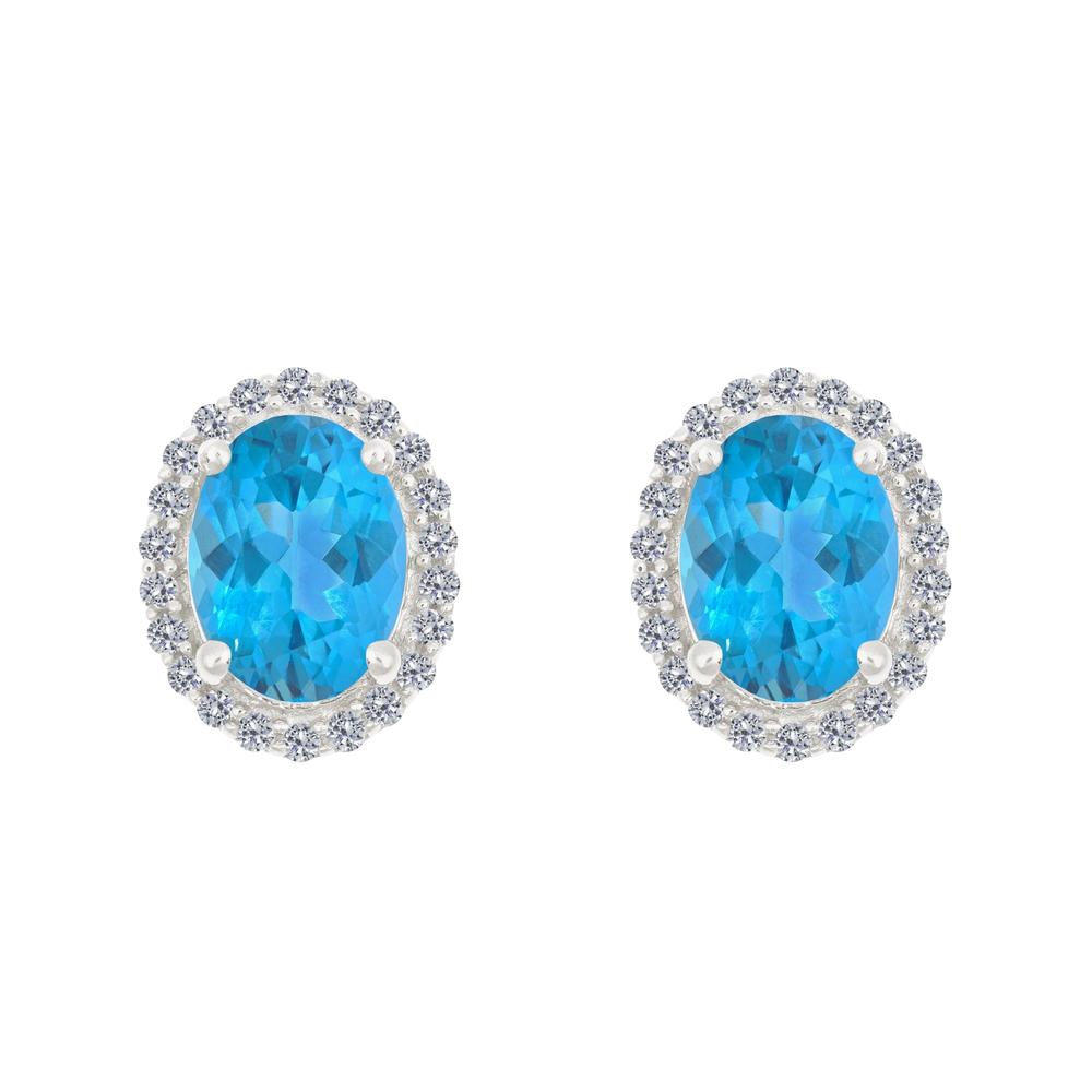 New York City Diamond District 14k gold 8x6 oval blue topaz with 1/5 cttw diamond halo earrings