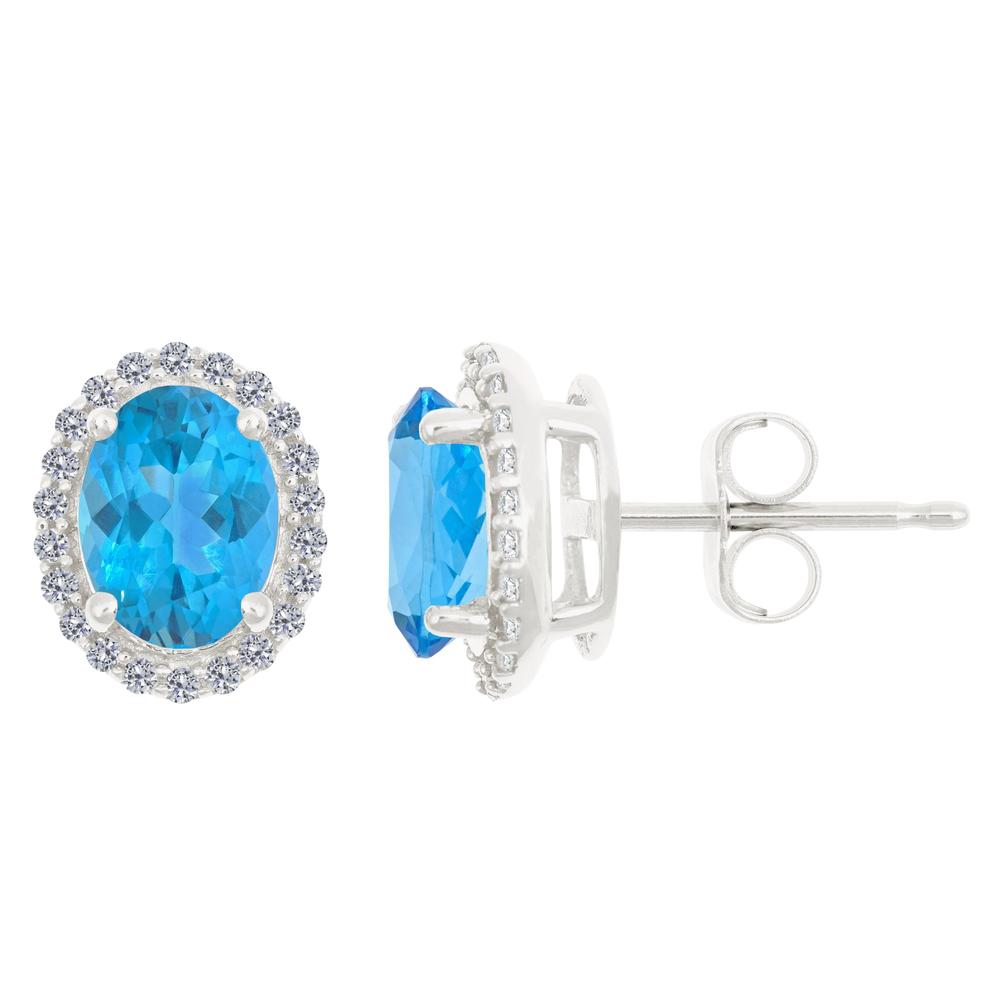 New York City Diamond District 14k gold 8x6 oval blue topaz with 1/5 cttw diamond halo earrings