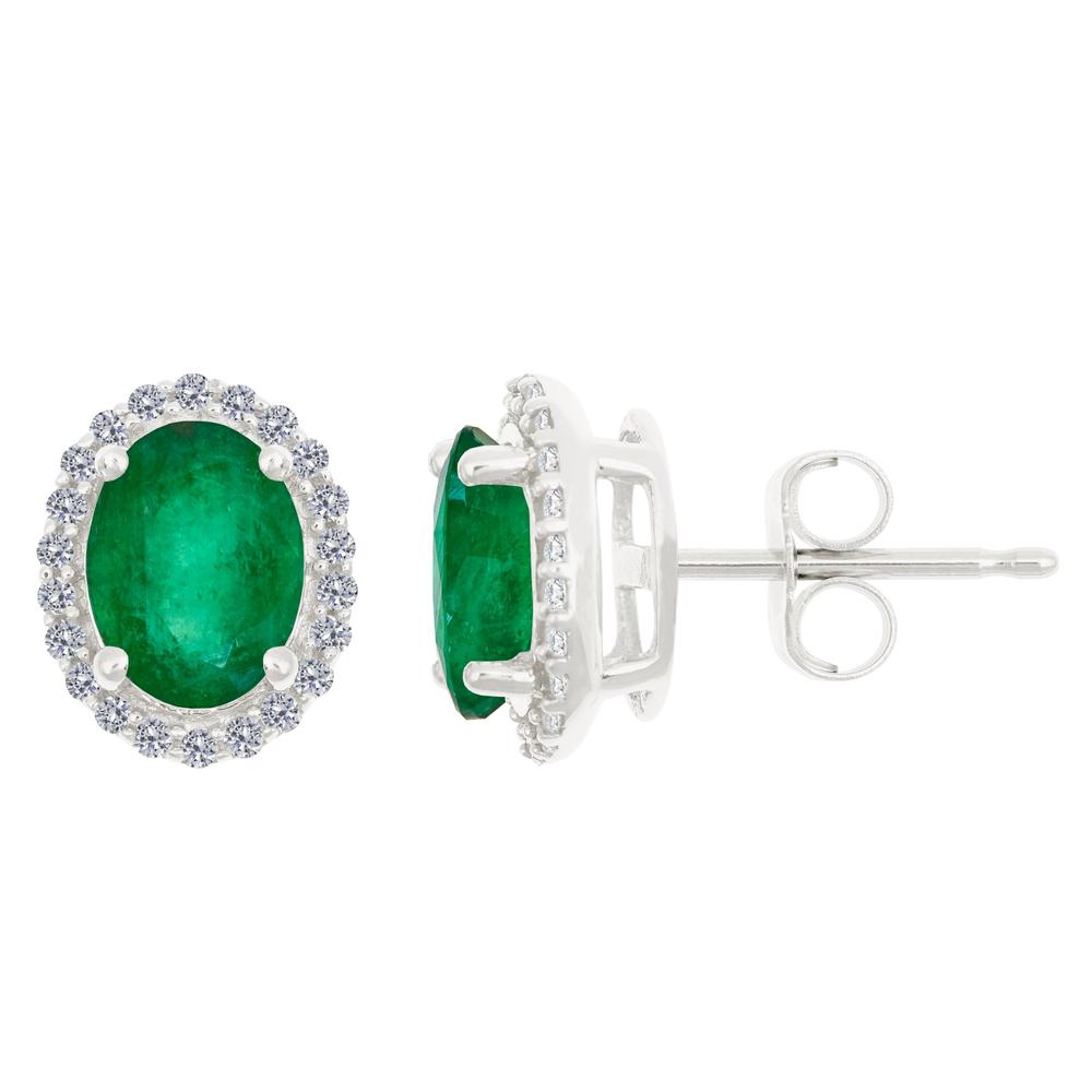 New York City Diamond District 14k gold 8x6 oval emerald with 1/5 cttw diamond halo earrings