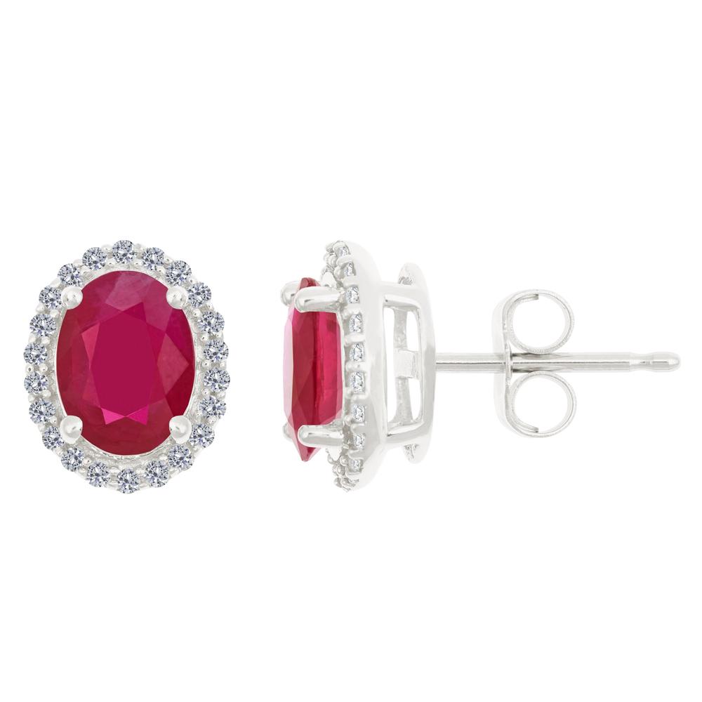 New York City Diamond District 14k gold 8x6 oval ruby with 1/5 cttw diamond halo earrings