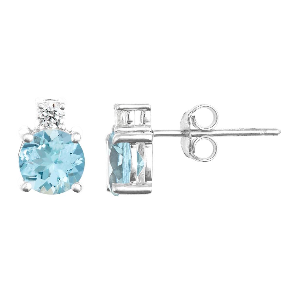 New York City Diamond District 14k gold 6mm round aquamarine with 1/10 cttw diamond earrings