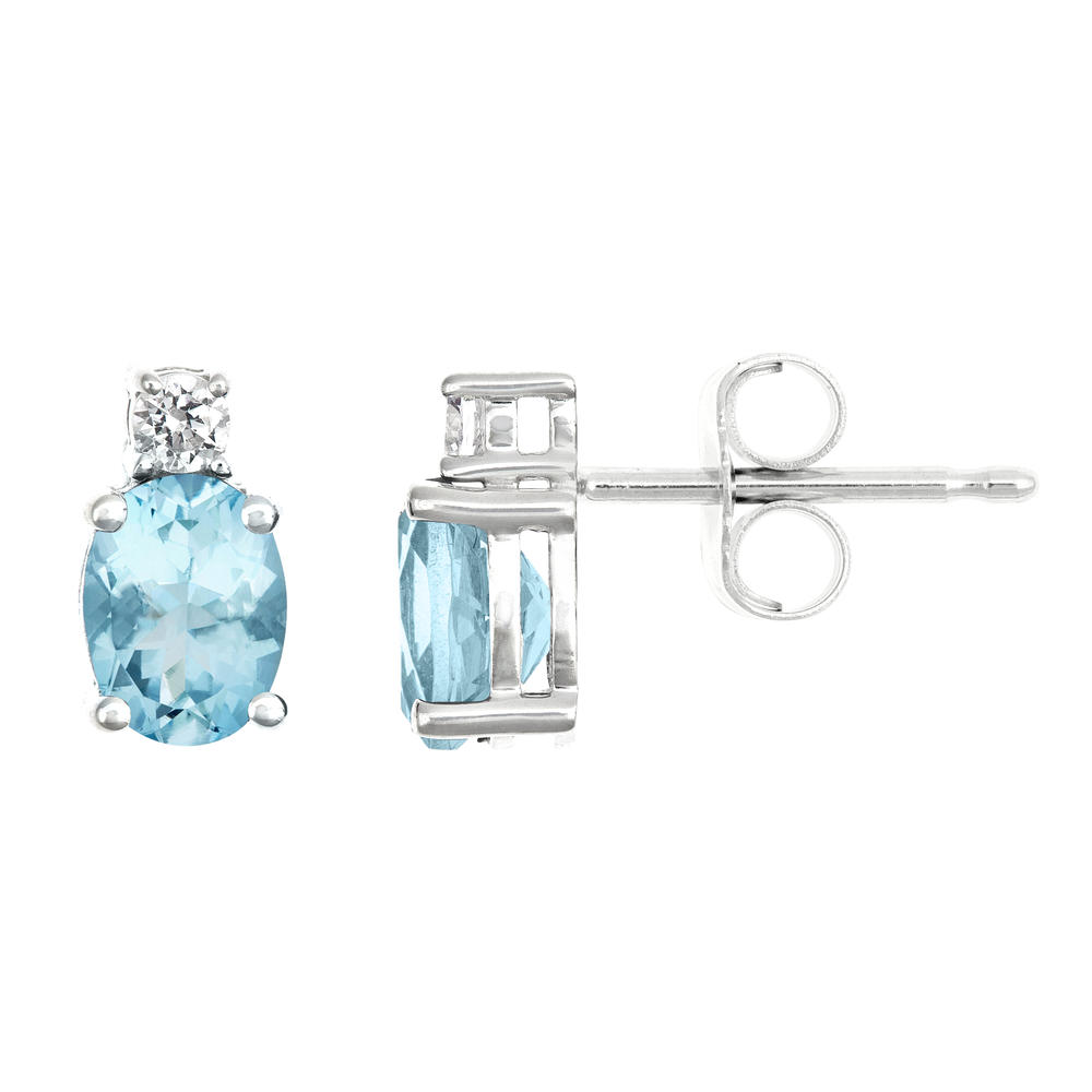 New York City Diamond District 14k gold 7x5mm oval aquamarine with 1/8 cttw diamond earrings