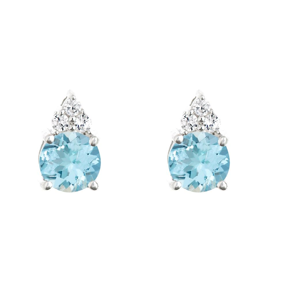 New York City Diamond District 14k gold 6mm round aquamarine with 1/10 cttw diamond cluster earrings