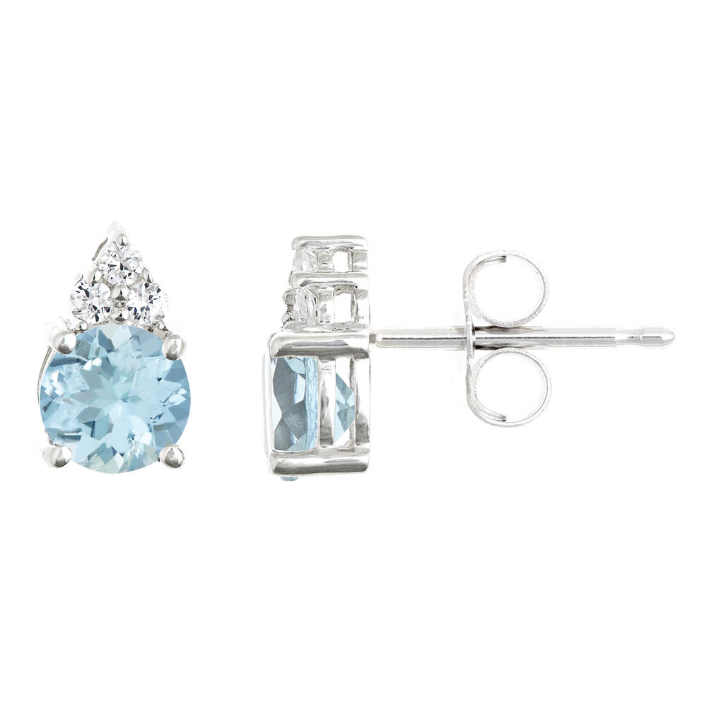 New York City Diamond District 14k gold 6mm round aquamarine with 1/10 cttw diamond cluster earrings