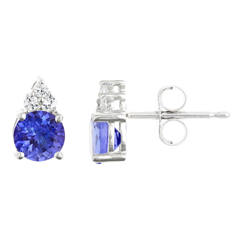 New York City Diamond District 14k gold 6mm round tanzanite with 1/10 cttw diamond cluster earrings