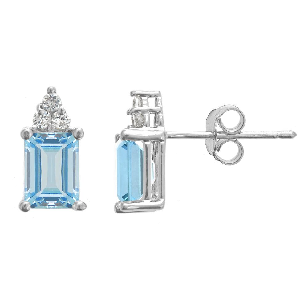 New York City Diamond District 14k gold 7x5mm emerald cut aquamarine with 1/10 cttw diamond cluster earrings