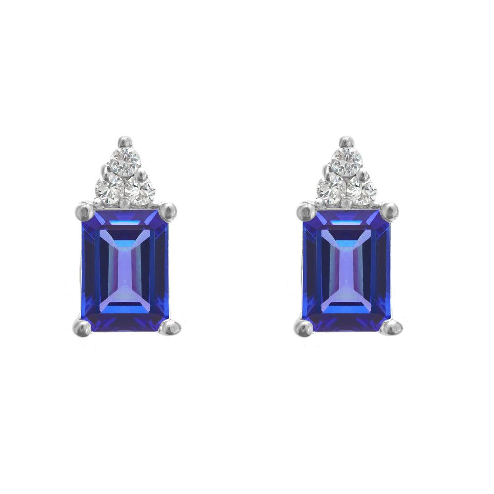 New York City Diamond District 14k gold 7x5mm emerald cut tanzanite with 1/10 cttw diamond cluster earrings