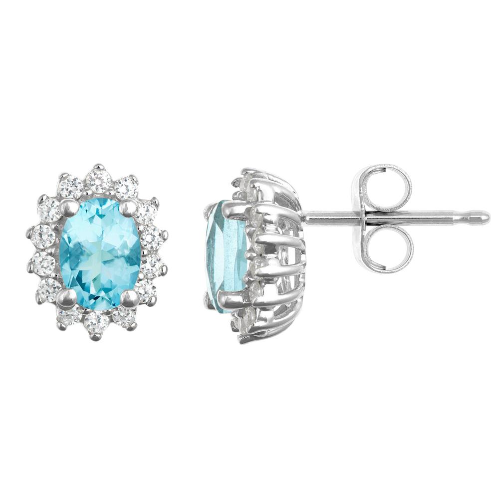 New York City Diamond District 14k gold 7x5mm oval aquamarine with 1/2 cttw diamond halo earrings