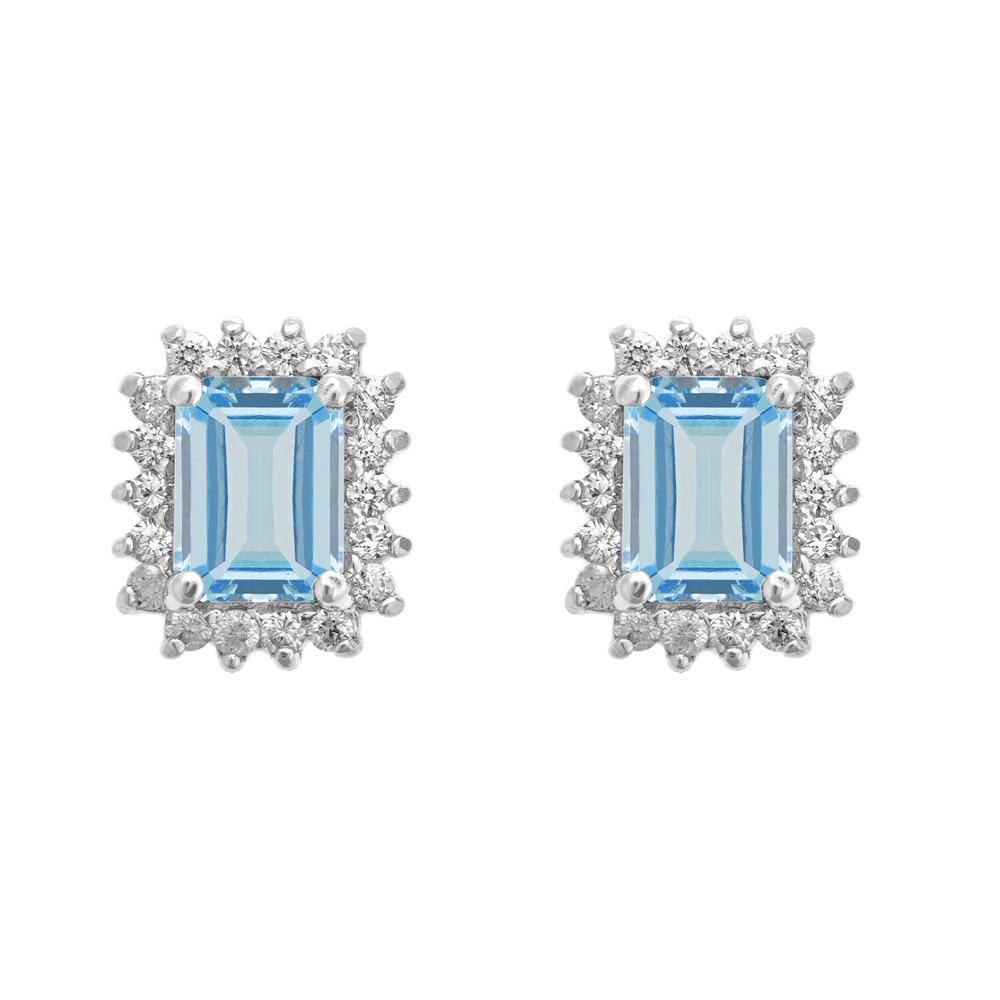 New York City Diamond District 14k gold 7x5mm emerald cut aquamarine with 2/3 cttw diamond halo earrings