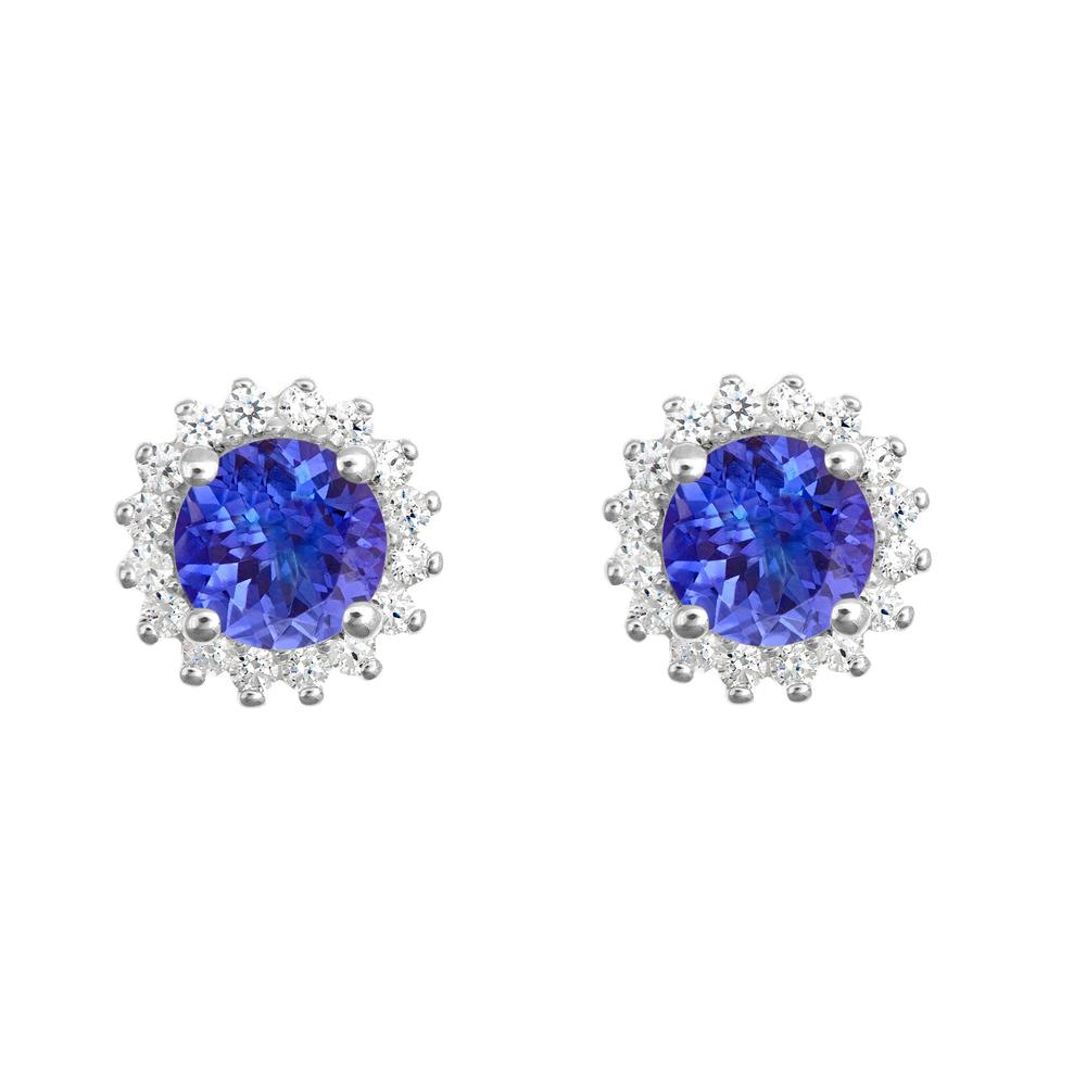 New York City Diamond District 14k gold 6mm round tanzanite with 3/8 cttw diamond halo earrings