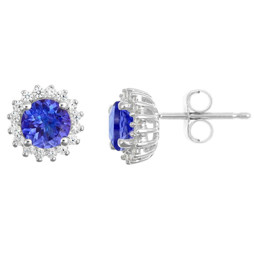 New York City Diamond District 14k gold 6mm round tanzanite with 3/8 cttw diamond halo earrings