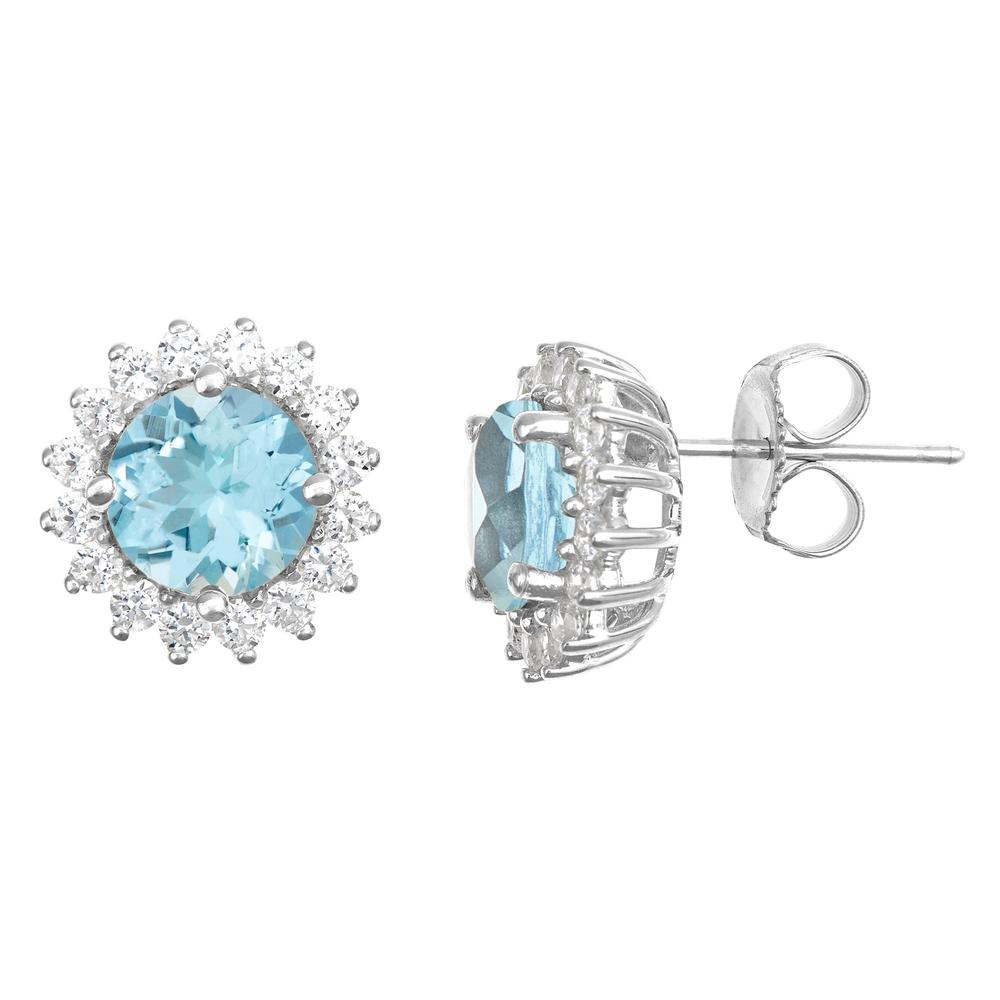 New York City Diamond District 14k gold 8mm round aquamarine with 1 cttw diamond halo earrings