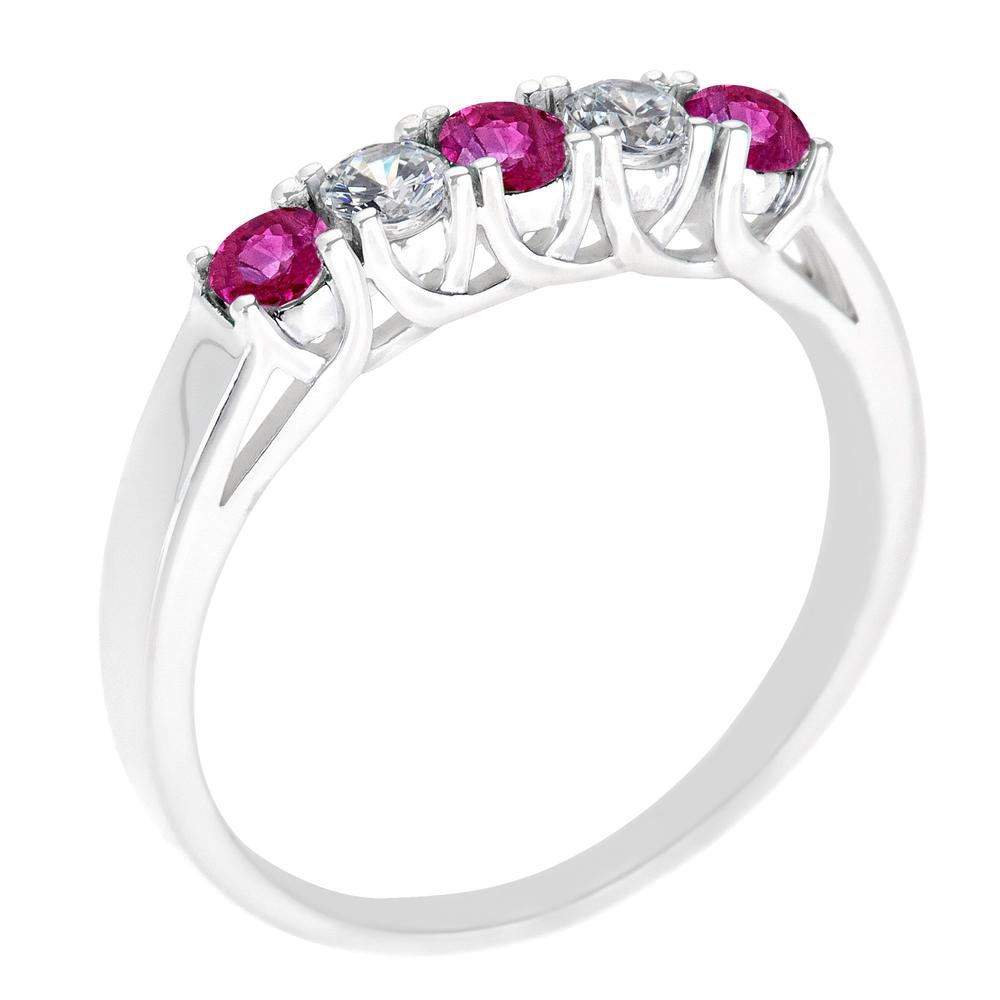 New York City Diamond District 14k white gold 5-stone alternating ruby and 1/5 cttw diamond band ring