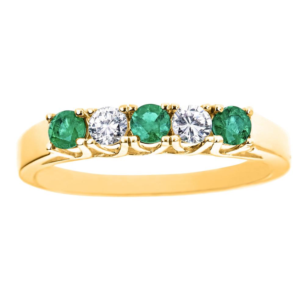 New York City Diamond District 14k yellow gold 5-stone alternating emerald and 1/5 cttw diamond band ring