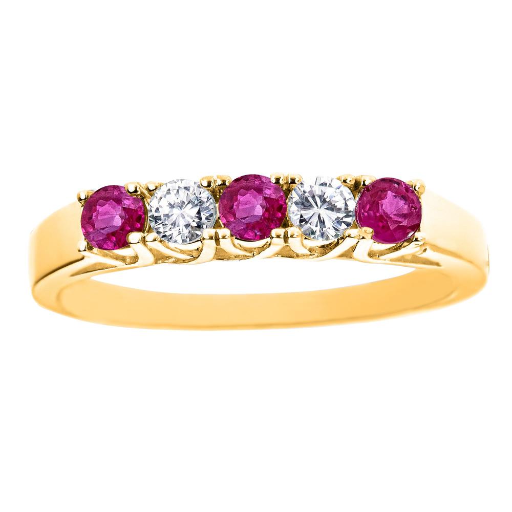New York City Diamond District 14k yellow gold 5-stone alternating ruby and 1/5 cttw diamond band ring