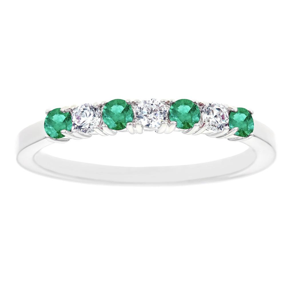 New York City Diamond District 14k white gold 7-stone alternating emerald and 1/5 cttw diamond band ring