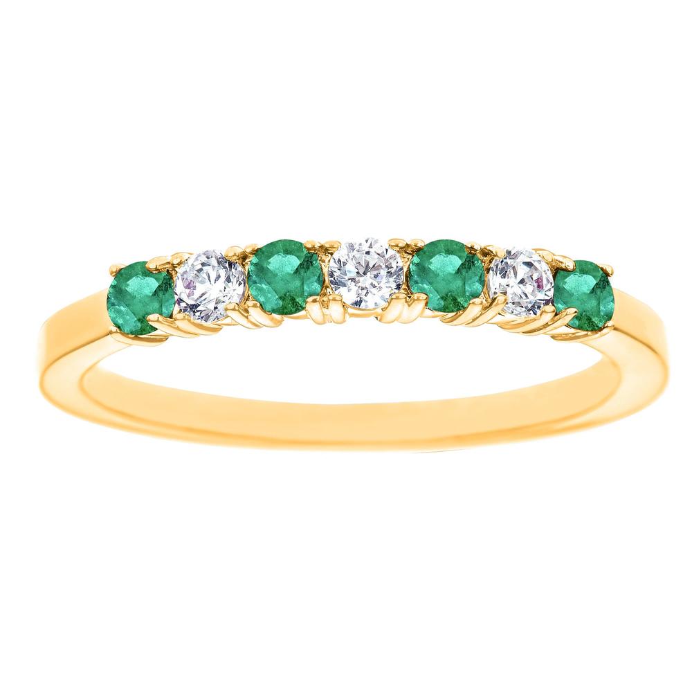 New York City Diamond District 14k yellow gold 7-stone alternating emerald and 1/5 cttw diamond band ring