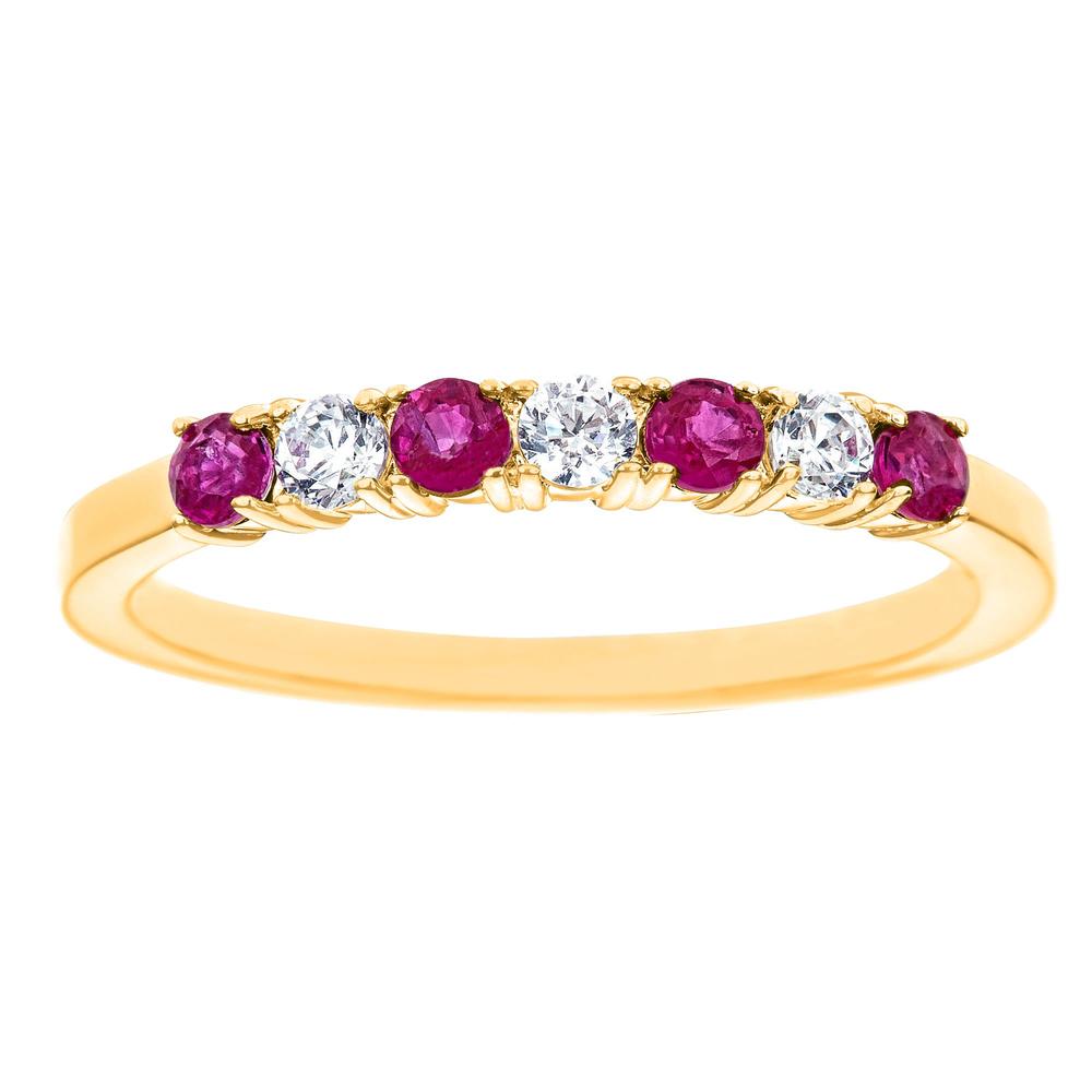 New York City Diamond District 14k yellow gold 7-stone alternating ruby and 1/5 cttw diamond band ring