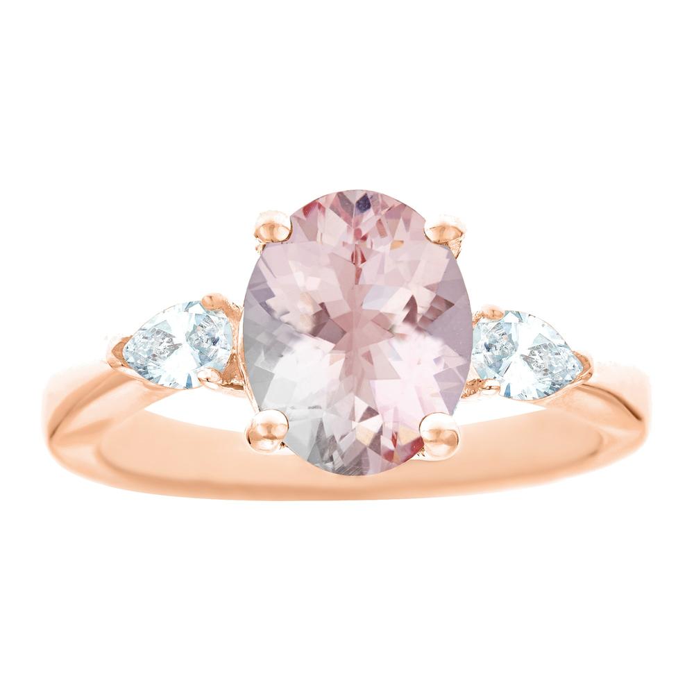 New York City Diamond District 14k rose gold 10x8mm oval morganite with 1/3 cttw pear shaped diamond ring