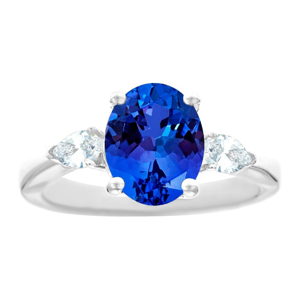 New York City Diamond District 14k white gold 10x8mm oval tanzanite with 1/3 cttw pear shaped diamond ring