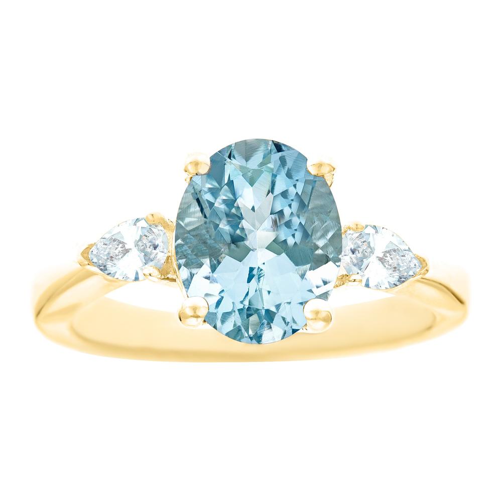 New York City Diamond District 14k yellow gold 10x8mm oval aquamarine with 1/3 cttw pear shaped diamond ring