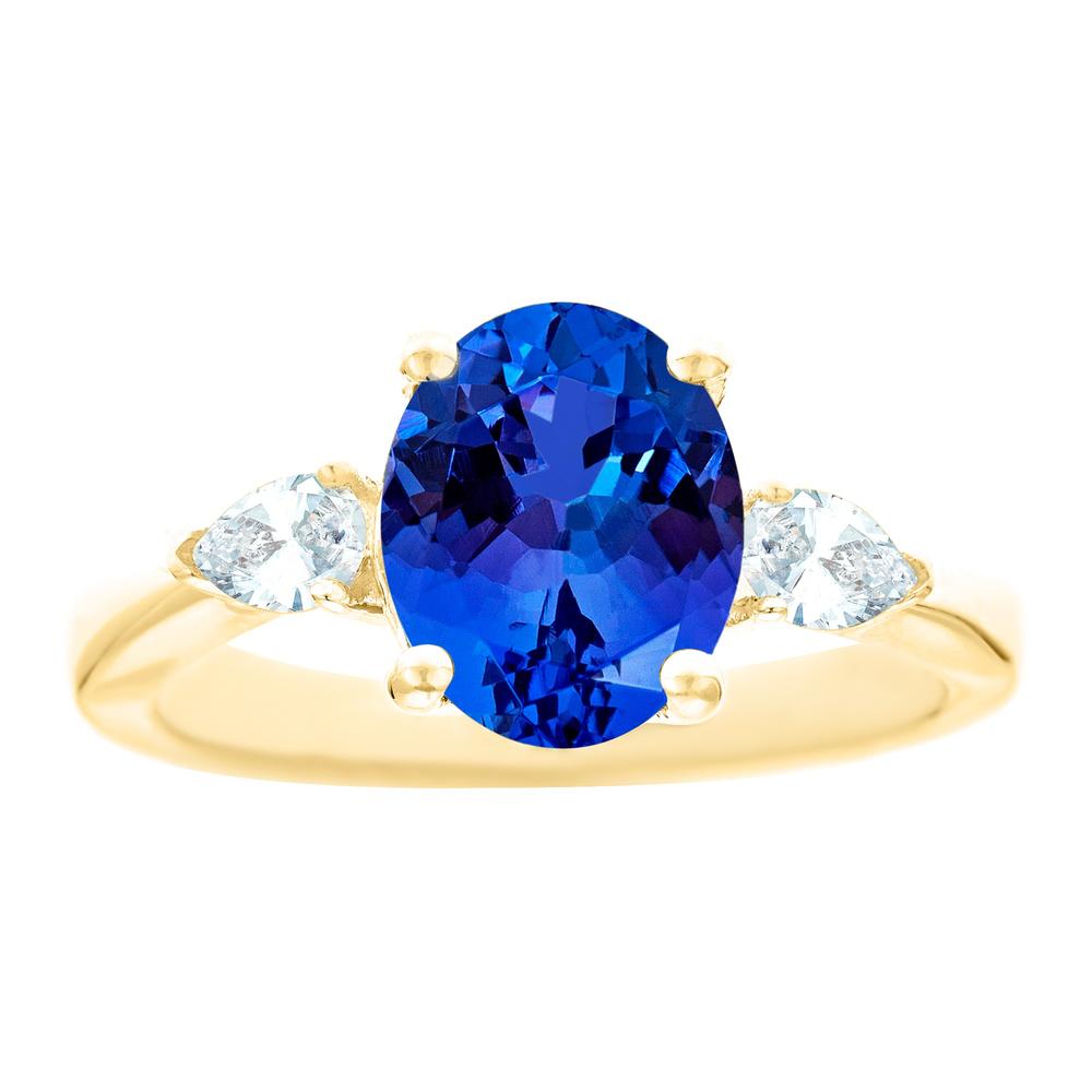 New York City Diamond District 14k yellow gold 10x8mm oval tanzanite with 1/3 cttw pear shaped diamond ring